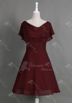 Intellectuality Cowl Neck Cap Sleeves Knee-Length Burgundy Mother of The Bride Dress with Pleats Ruffles