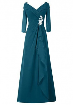 Long Pleated V-Neck Mother of the Bride Dress with Long Sleeves