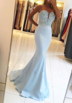 Mermaid Sweetheart Sweep Train Blue Prom Dress with Beading