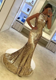 Mermaid Round Neck Sweep Train Champagne Sequined Prom Dress