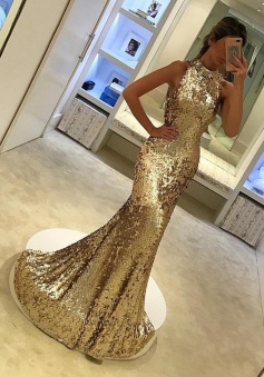 Mermaid Round Neck Sweep Train Champagne Sequined Prom Dress