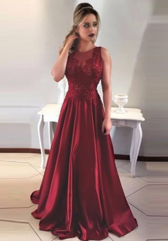 A-Line Round Neck V-Back Maroon Satin Prom Dress with Lace
