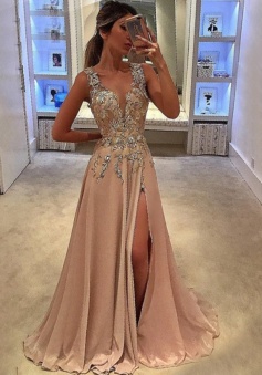 A-Line Deep V-Neck Sweep Train Champagne Chiffon Prom Dress with Appliques