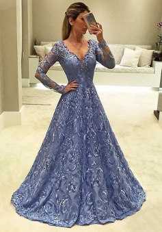 A-Line V-Neck Long Sleeves Light Sky Blue Lace Prom Dress