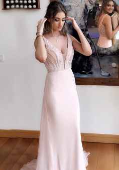 Sheath Deep V-Neck Sweep Train Pearl Pink Chiffon Prom Dress with Beading
