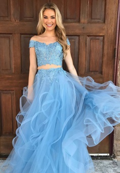 Two Piece Off-the-Shoulder Sky Blue Tulle Prom Dress with Appliques