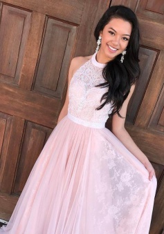 A-Line Halter Floor-Length Pink Tulle Prom Dress with Sash Lace