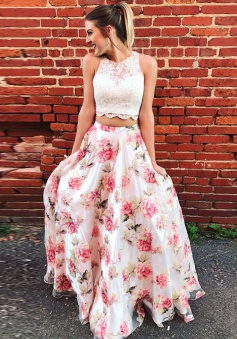 Two Piece Round Neck Floral Chiffon Prom Dress with Appliques