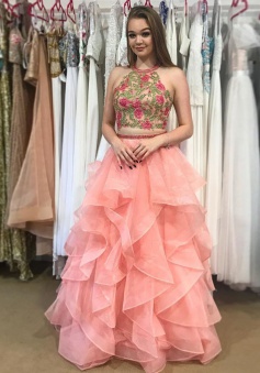 Two Piece Round Neck Tiered Pink Open Back Prom Dress with Appliques