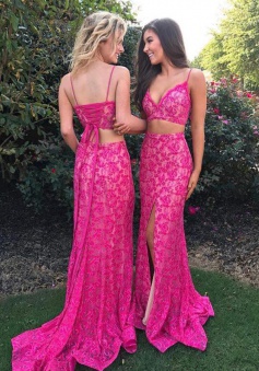 Two Piece Mermaid Spaghetti Straps Fuchsia Lace Split Prom Dress