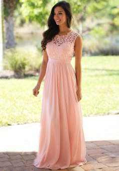 A-Line Round Neck Floor-Length Peal Pink Chiffon Prom Dress with Lace