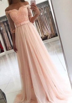 A-Line Off-the-Shoulder 3/4 Sleeves Pearl Pink Prom Dress with Appliques