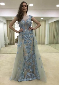 Sheath Illusion Round Neck Blue Tulle Prom Dress with Appliques