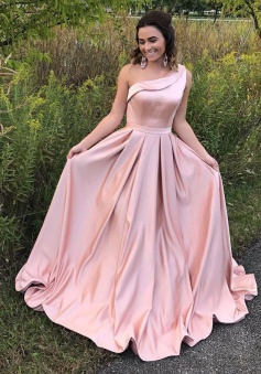 A-Line One Shoulder Pleated Pink Satin Prom Dress with Ruffle