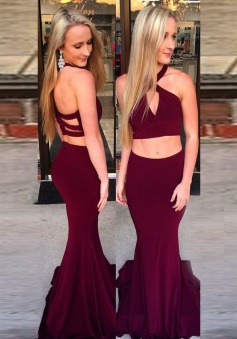 Two Piece Mermaid Halter Maroon Spandex Prom Dress with Keyhole