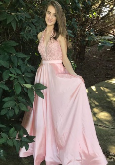 A-Line Halter Floor-Length Pink Satin Prom Dress with Sash Lace