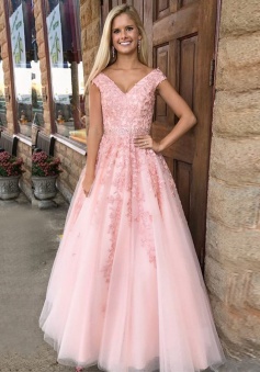 A-Line V-Neck Cap Sleeves Pink Tulle Beaded Appliques Prom Dress