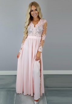 A-Line V-Neck Long Sleeves Pink Chiffon Prom Dress with Appliques