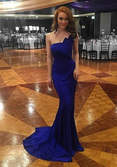 Mermaid One Shoulder Sweep Train Royal Blue Prom Dress with Ruffles