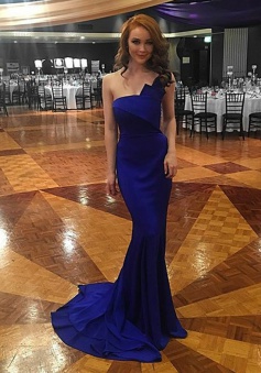 Mermaid One Shoulder Sweep Train Royal Blue Prom Dress with Ruffles