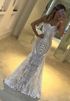 Mermaid Straps Floor-Length Sleeveless White Lace Prom Dress