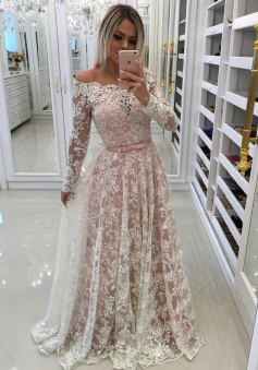 A-Line Off-the-Shoulder White Tulle Prom Dress with Lace Appliques Sleeves