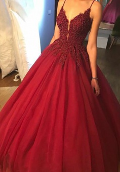 Ball Gown Spaghetti Straps Burgundy Prom Dress with Beading Appliques