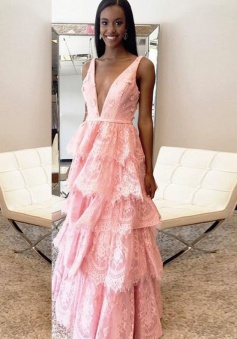 A-Line Deep V-Neck Tiered Pink Lace Backless Prom Dress with Appliques