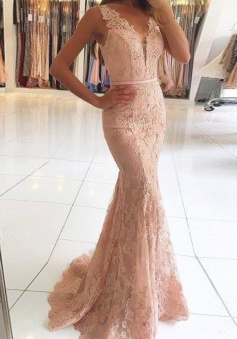 Mermaid V-Neck Sweep Train Pink Lace Prom Dress with Beading Appliques