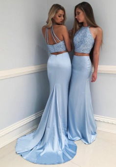 Two-Piece Mermaid Round Neck Blue Prom Dress with Beading