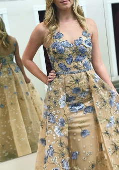 Sheath Illusion Bateau Light Champagne Prom Dress with Beading Embroidery