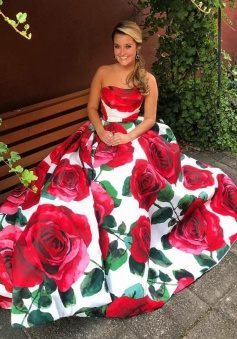 A-Line Sweetheart Floor-Length Red Rose Floral Prom Dress