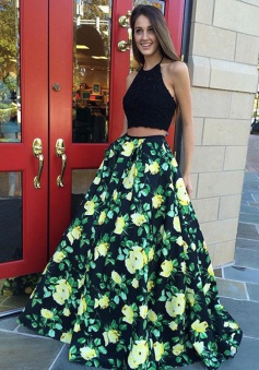 Two Piece Halter Floor-Length Black Floral Satin Prom Dress with Appliques