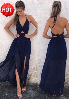 A-Line Halter  Backless Navy-Blue Chiffon  Prom Dress