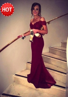 Mermaid Off-the-Shoulder Long Burgundy Satin Prom Dress with Lace Top