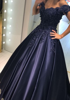 A-Line Off-the-Shoulder Sweep Train Navy Blue Prom Dress with Appliques Beading