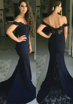 Mermaid Off-the-Shoulder Sweep Train Navy Blue Stretch Satin Prom Dress with Lace