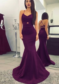 Mermaid Spaghetti Straps Sweep Train Grape Satin Criss-Cross Straps Prom Dress