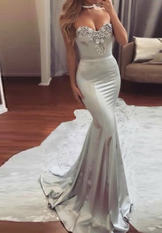 Mermaid Sweetheart Sweep Train Silver Elastic Satin Prom Dress with Beading