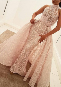 Mermaid High Neck Court Train Detachable Light Pink Lace Prom Dress