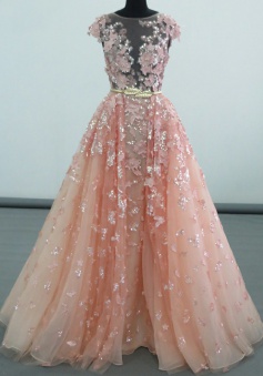 A-Line Bateau Floor-Length Peach Tulle Prom Dress with Sequins Appliques