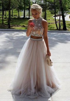 Two Piece High Neck Open Back Light Pink Tulle Prom Dress with Beading