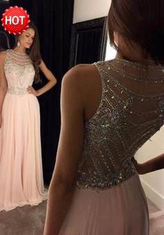 A-line Round Neck Sweep Train Pink Chiffon Prom Dress with Beading