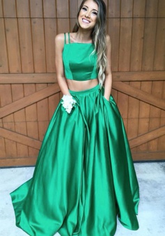 Two Piece Square Neck Sleeveless Sweep Train Green Satin Prom Dress  with Pockets