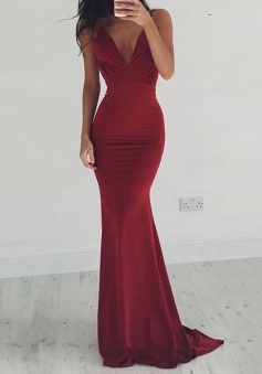 Mermaid Deep V-Neck Sweep Train Backless Burgundy Stretch Satin Prom Dress