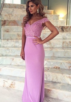 Mermaid Off-the-Shoulder Sweep Train Lilac stretch Satin Prom Dress with Appliques Lace