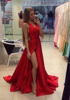 A-Line V-Neck Sweep Train Sleeveless Split-Side Red Satin Prom Dress