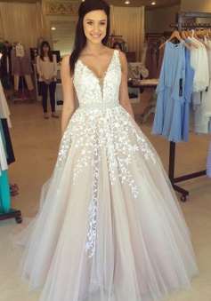 A-Line V-Neck Sweep Train Champagne Tulle Prom Dress with Appliques Beading