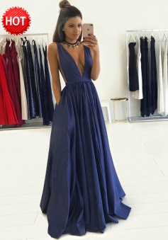 A-Line Deep V-Neck Floor-Length Royal Blue Taffeta Prom Dress with Pockets