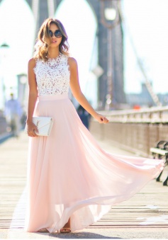 Gorgeous Crew Long Pink Chiffon Prom Dress with White Lace Top